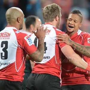 JOHANNESBURG, SOUTH AFRICA - MAY 30: Ruan Combrinck celebrates with Elton Jantjies of the Lions during the Super Rugby match between Emirates Lions and Waratahs at Emirates Airline Park on May 30, 2015 in Johannesburg, South Africa. (Photo by Lee Warren/Gallo Images)